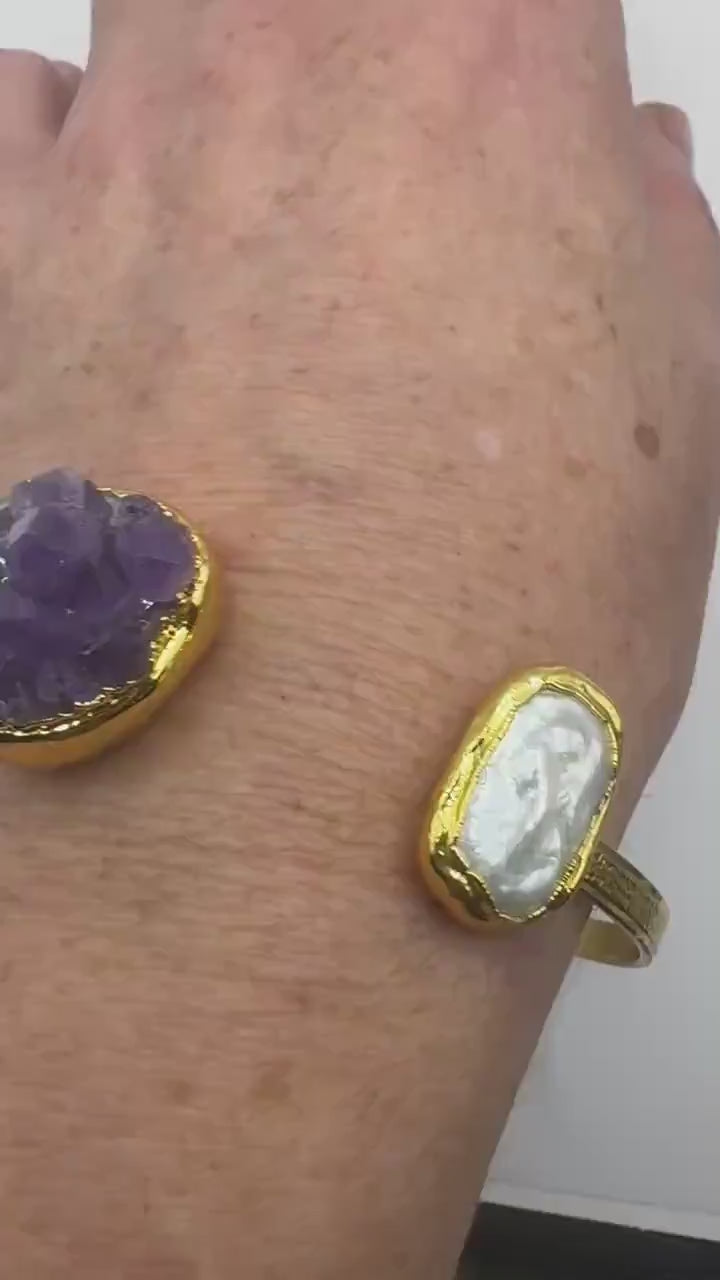 Vintage Pearl Amethyst Cuff Bangle Bracelet Golden 925 Sterling Silver