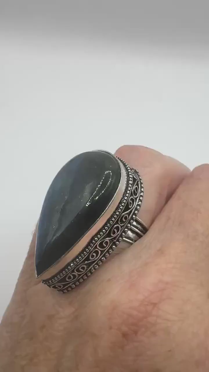 Vintage Large Labradorite Rainbow Moonstone Stone Silver Ring