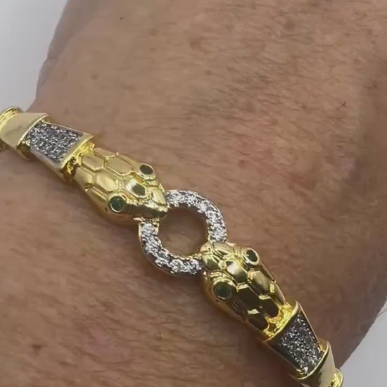Vintage Snake Bangle Bracelet Golden filled Green Crystal Eyes