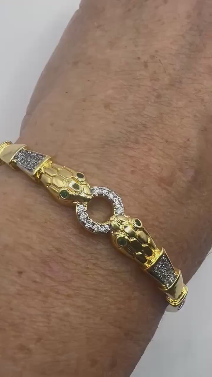 Vintage Snake Bangle Bracelet Golden filled Green Crystal Eyes