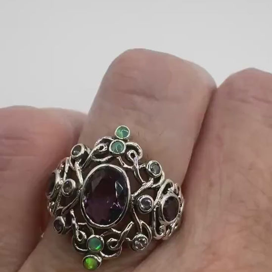Vintage Amethyst White Fire Opal Ring 925 Sterling Silver