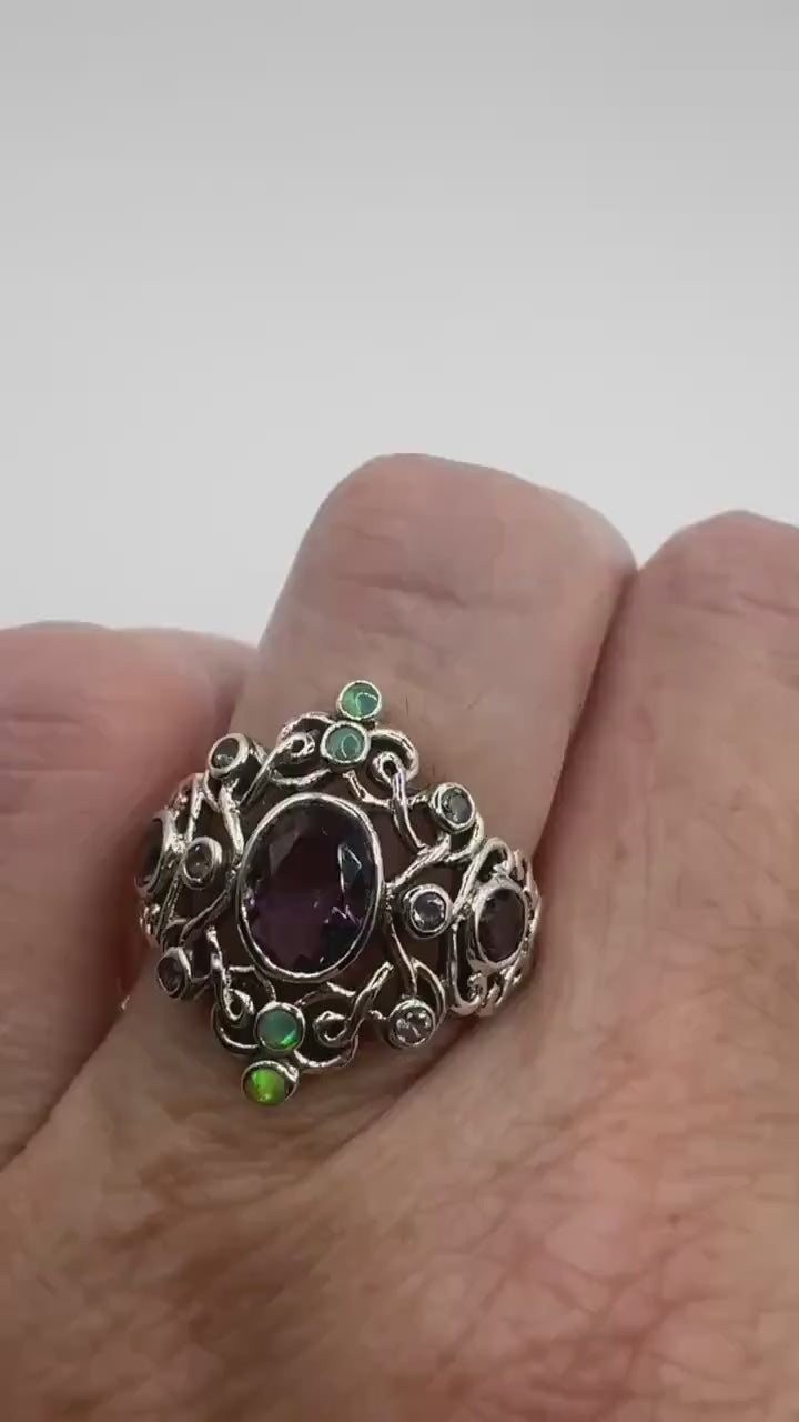 Vintage Amethyst White Fire Opal Ring 925 Sterling Silver