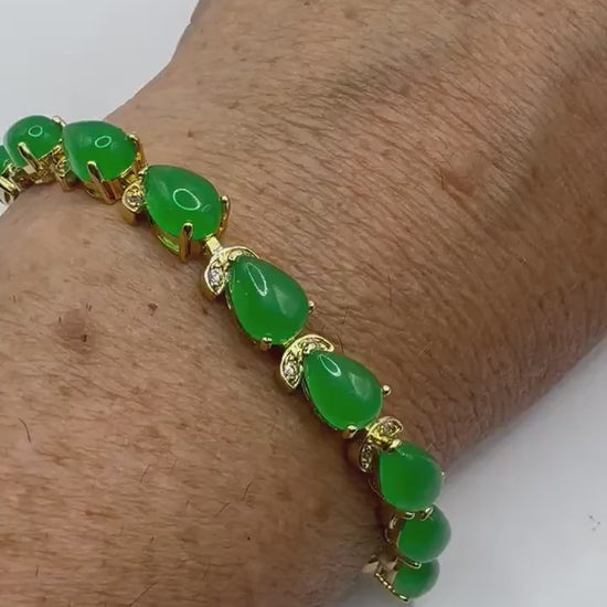 Vintage Green Jade Tennis Bracelet Gold Bronze