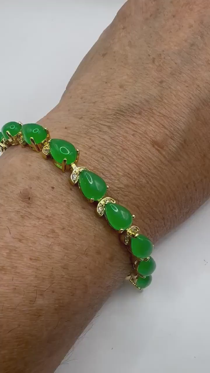 Vintage Green Jade Tennis Bracelet Gold Bronze