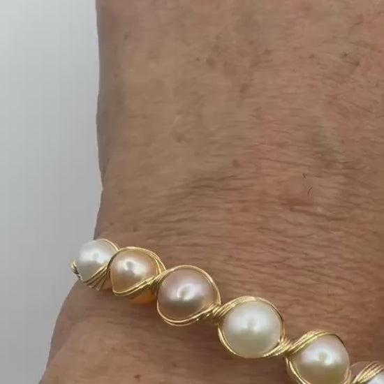 Vintage Pearl Cuff Bangle Bracelet Golden 925 Sterling Silver Hand Made