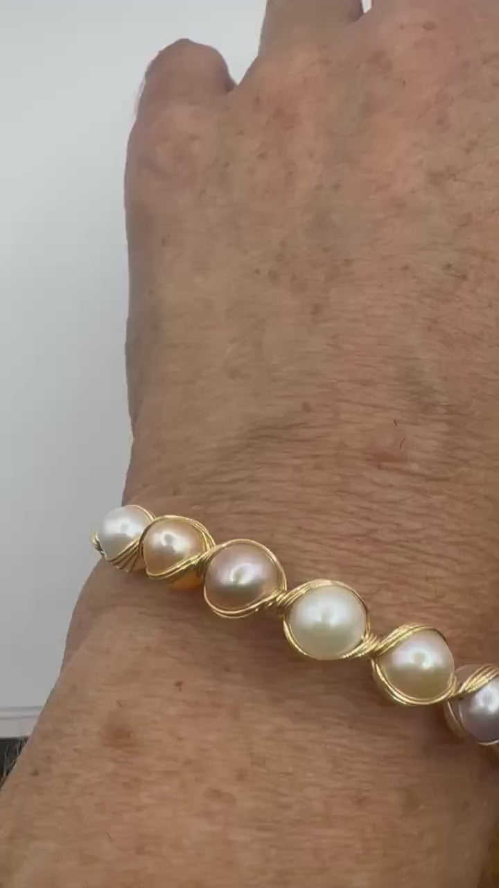 Vintage Pearl Cuff Bangle Bracelet Golden 925 Sterling Silver Hand Made