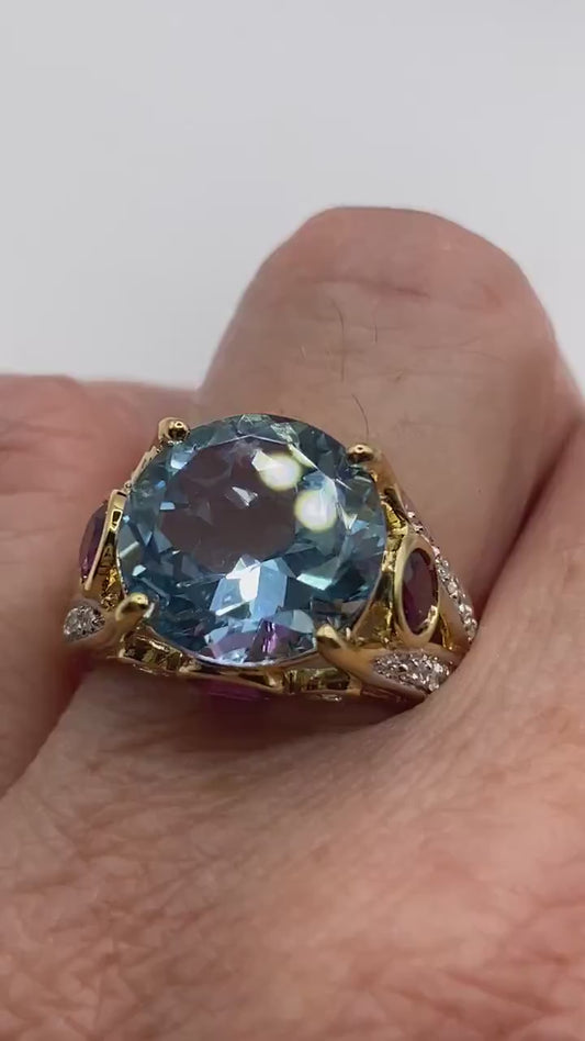 Vintage Genuine Blue Topaz Gold 925 Sterling Silver Ring