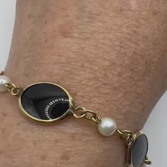 Vintage black Onyx White Pearl Bracelet Golden filled