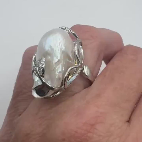 Vintage Biwa Pearl Ring 925 Sterling Silver Cocktail Statement Adjustable