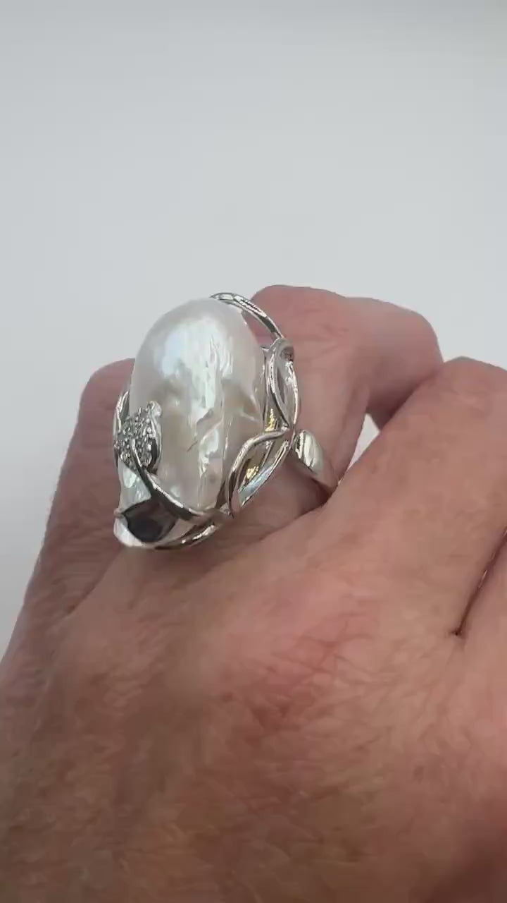 Vintage Biwa Pearl Ring 925 Sterling Silver Cocktail Statement Adjustable
