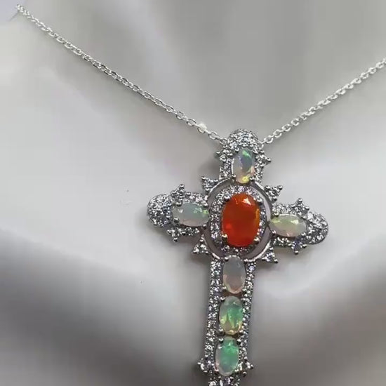 Vintage Fire Opal Cross Choker 925 Sterling Silver Pendant Necklace