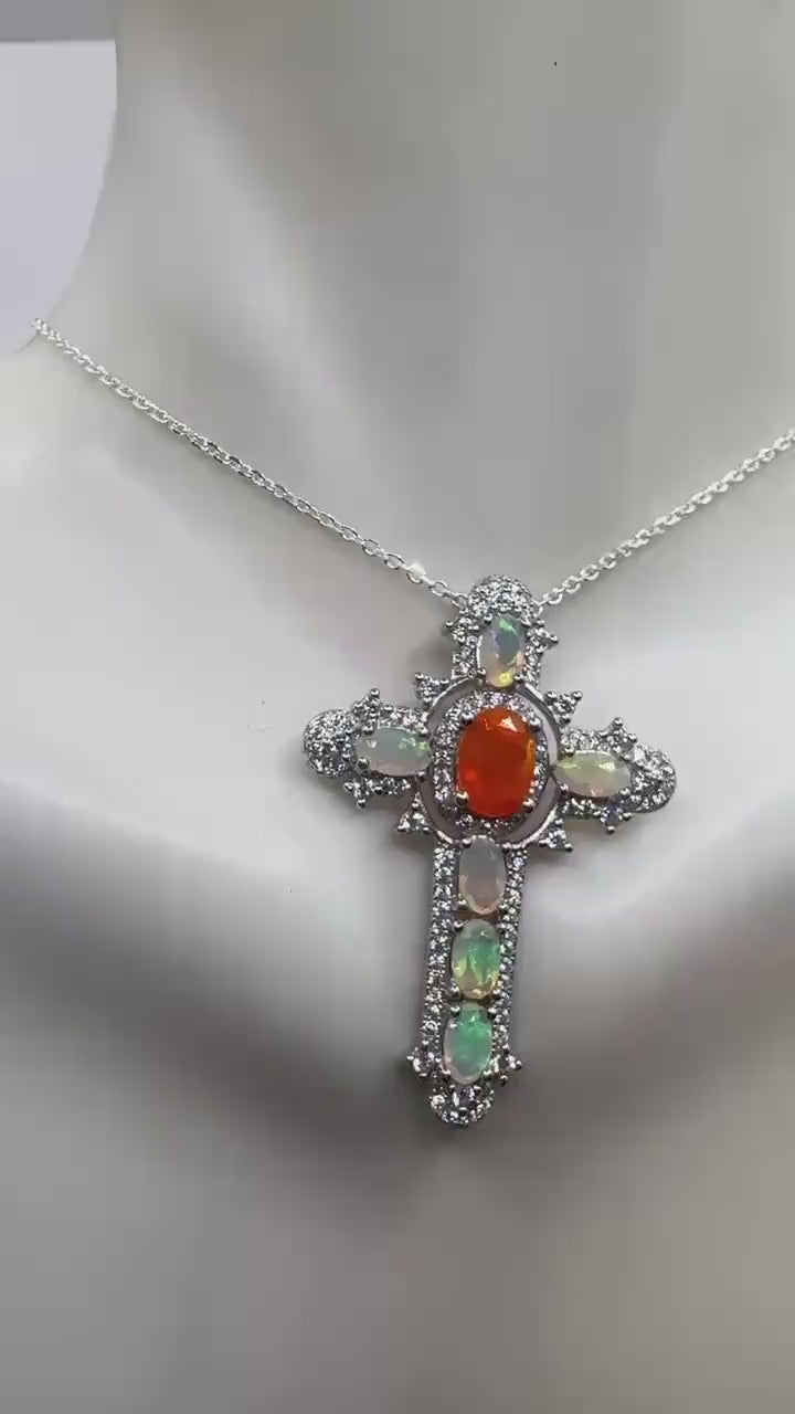 Vintage Fire Opal Cross Choker 925 Sterling Silver Pendant Necklace