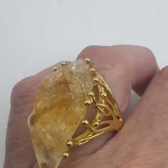 Vintage Clear Citrine Quartz Cocktail Ring Adjustable