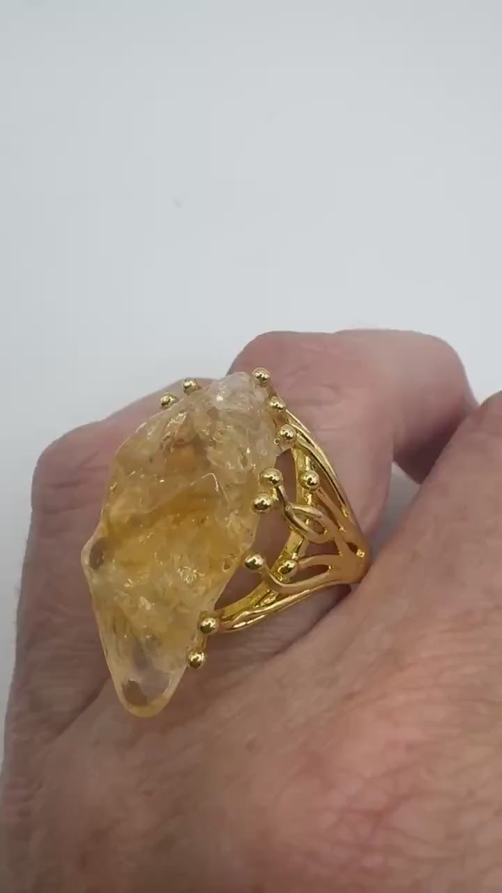 Vintage Clear Citrine Quartz Cocktail Ring Adjustable