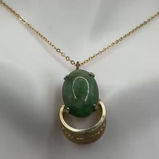 Vintage Green Jade Leaf Yellow Gold Filled Necklace