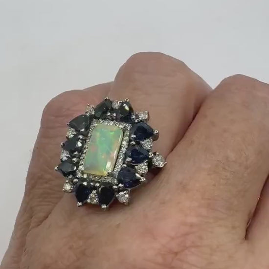 Vintage Fire Opal Sapphire Diamond Cocktail Ring 925 Sterling Silver Size 7