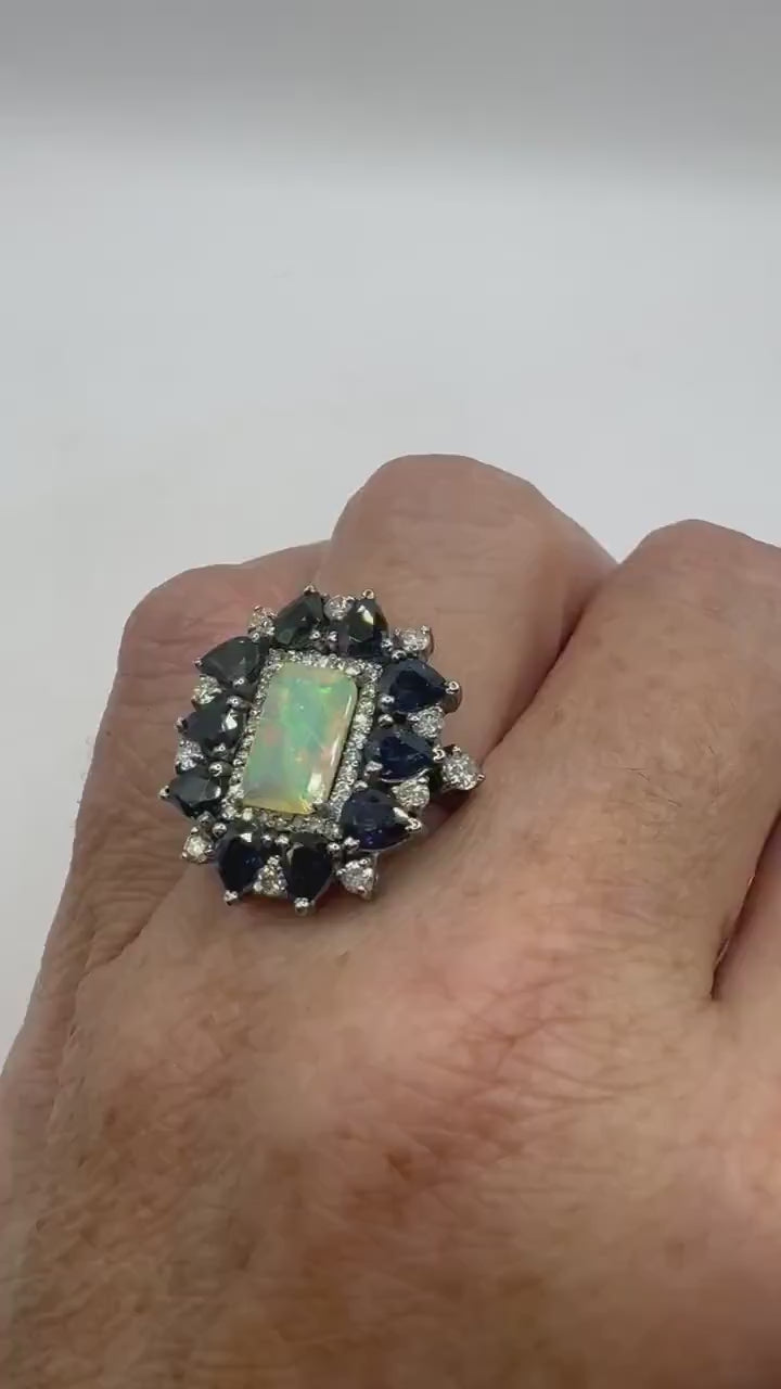 Vintage Fire Opal Sapphire Diamond Cocktail Ring 925 Sterling Silver Size 7