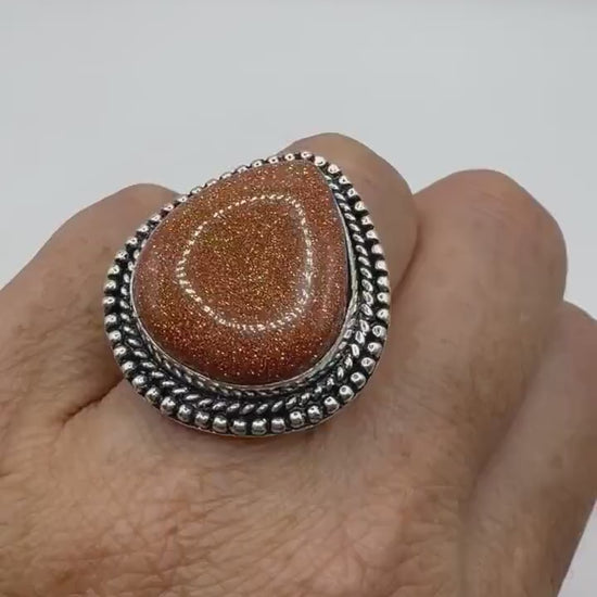 Vintage Handmade Boho Statement Golden Sandstone Silver Ring 7.75