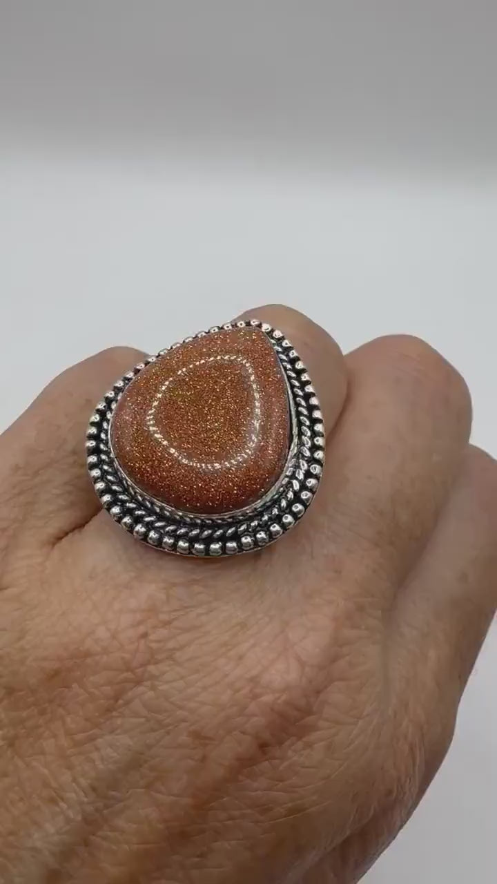 Vintage Handmade Boho Statement Golden Sandstone Silver Ring 7.75