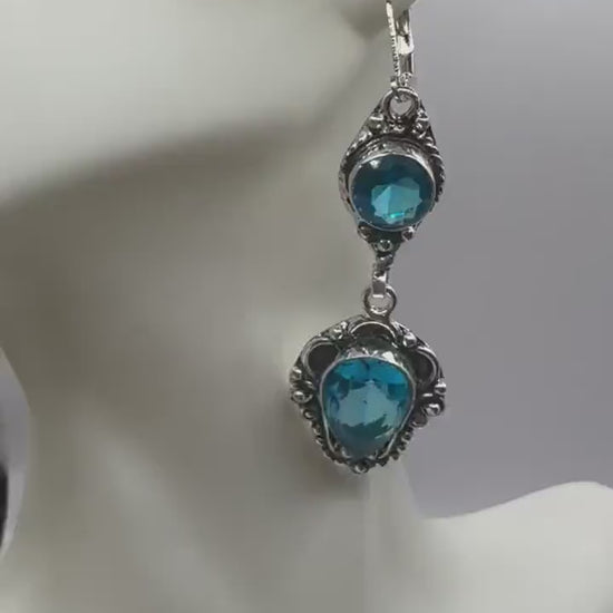 Antique vintage Aqua Blue Volcanic glass Silver dangle earrings