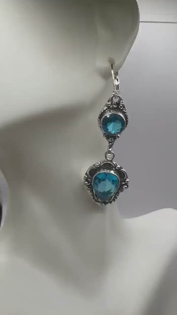 Antique vintage Aqua Blue Volcanic glass Silver dangle earrings