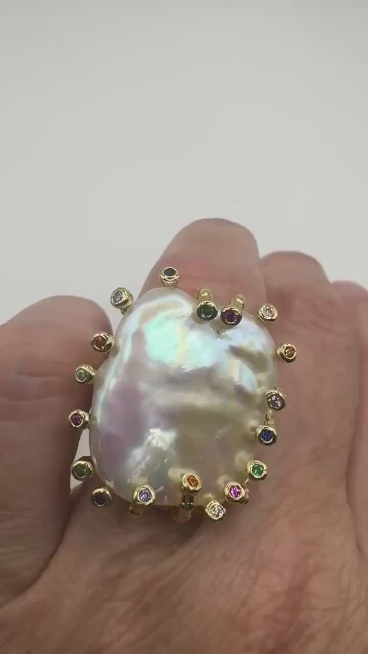 Vintage Biwa Pearl Ring Golden 925 Sterling Silver Cocktail Statement Adjustable