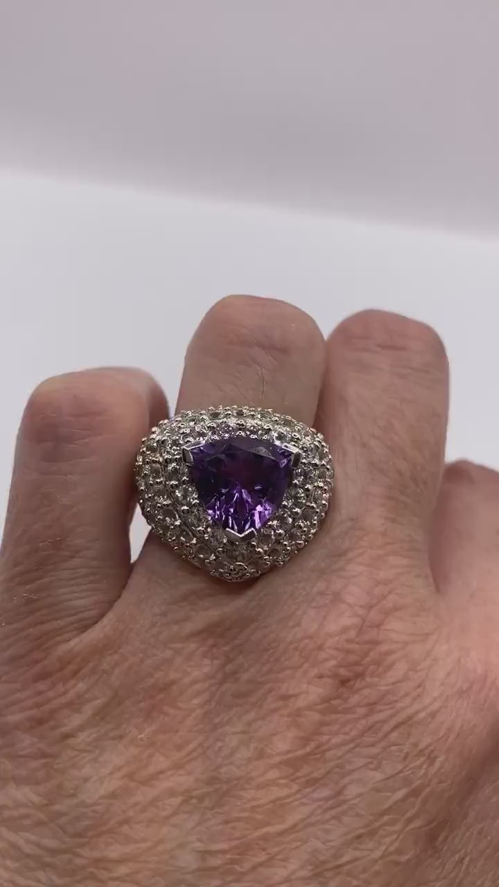 Vintage Purple Amethyst Pink Tourmaline Cocktail Ring 925 Sterling Silver