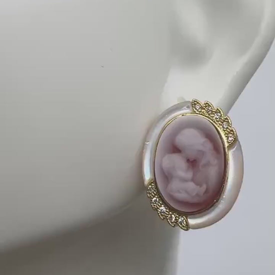Vintage Mother Child Cameo Golden 925 Sterling Silver Stud Earrings