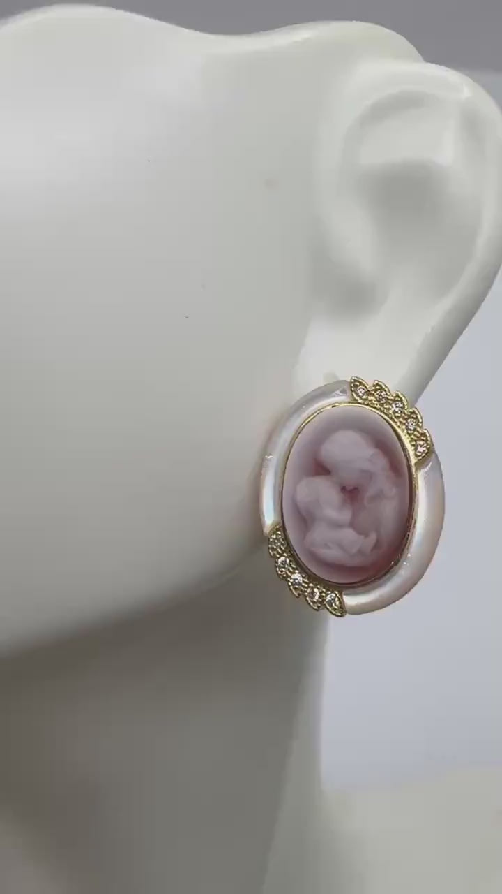 Vintage Mother Child Cameo Golden 925 Sterling Silver Stud Earrings