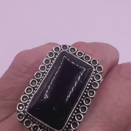 Vintage Black Goldenstone Silver Bronze Ring
