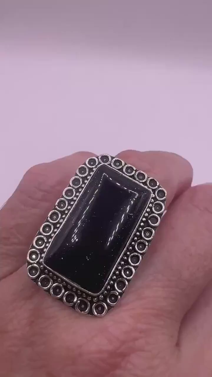Vintage Black Goldenstone Silver Bronze Ring