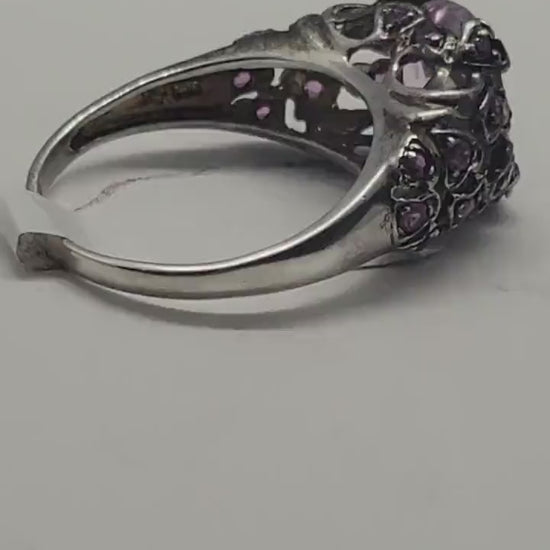 Vintage Rose Quartz with Pink Tourmaline Sidestones Ring in 925 Sterling Silver