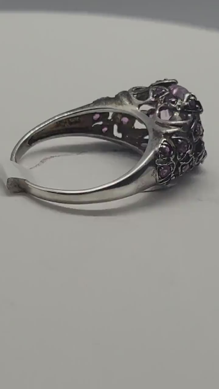 Vintage Rose Quartz with Pink Tourmaline Sidestones Ring in 925 Sterling Silver