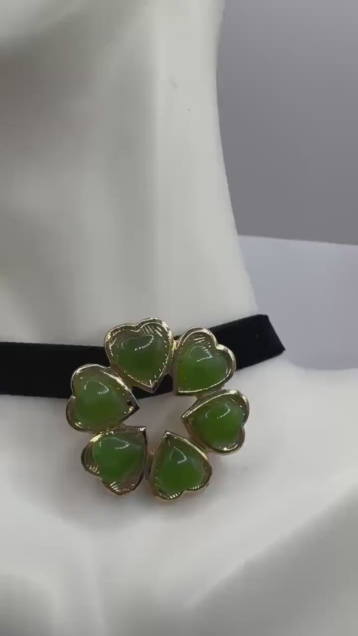 Vintage Green Jade Yellow Gold Filled Brooch Pin