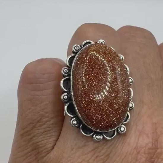 Vintage Handmade Golden Sandstone Setting Silver Boho Statement Ring 8.25