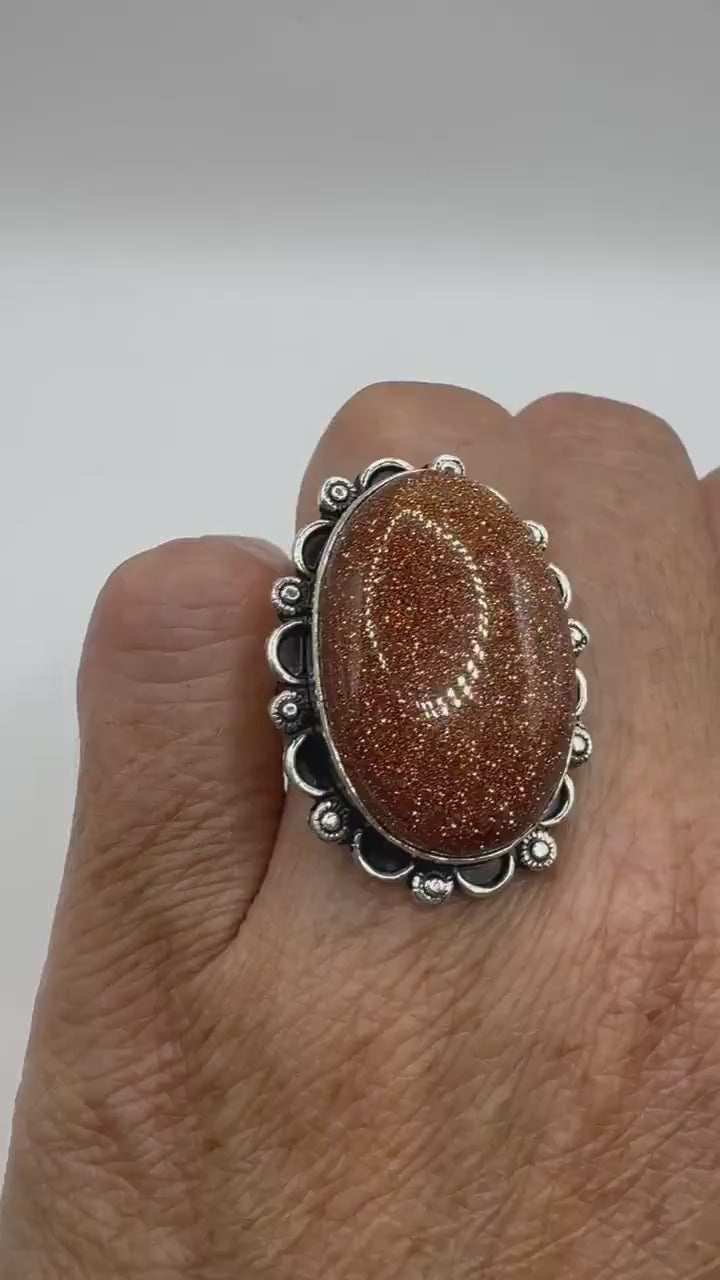 Vintage Handmade Golden Sandstone Setting Silver Boho Statement Ring 8.25