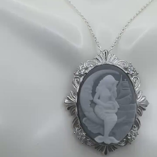 Vintage Black Onyx Mermaid Cameo Sterling Silver Necklace Choker