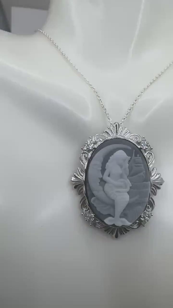 Vintage Black Onyx Mermaid Cameo Sterling Silver Necklace Choker