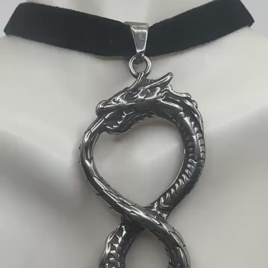 Vintage Dragon Infinity  Choker  Silver Stainless Steel Pendant Necklace