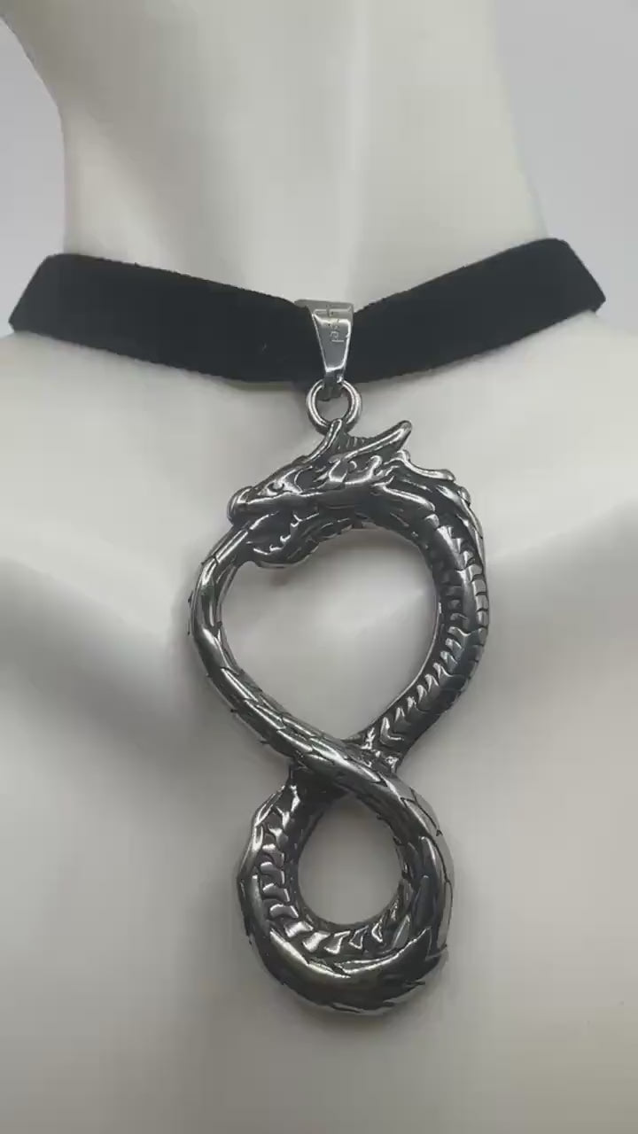Vintage Dragon Infinity  Choker  Silver Stainless Steel Pendant Necklace