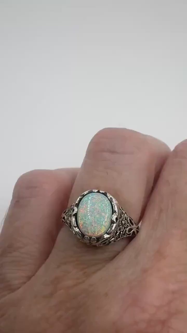 Vintage White Fire Opal Ring 925 Sterling Silver