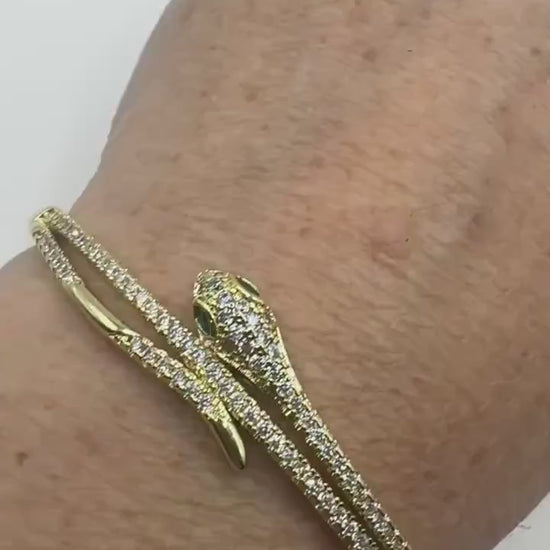Vintage Snake Bangle Bracelet Gold filled Green Crystal Eyes
