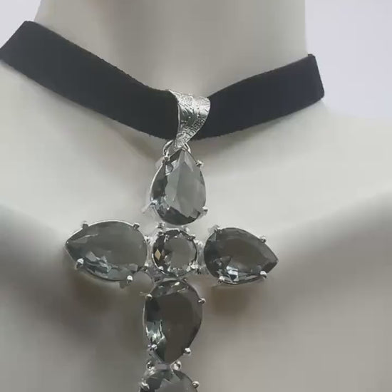 Vintage Blue Topaz Glass Cross Choker Black Velvet Ribbon Pendant