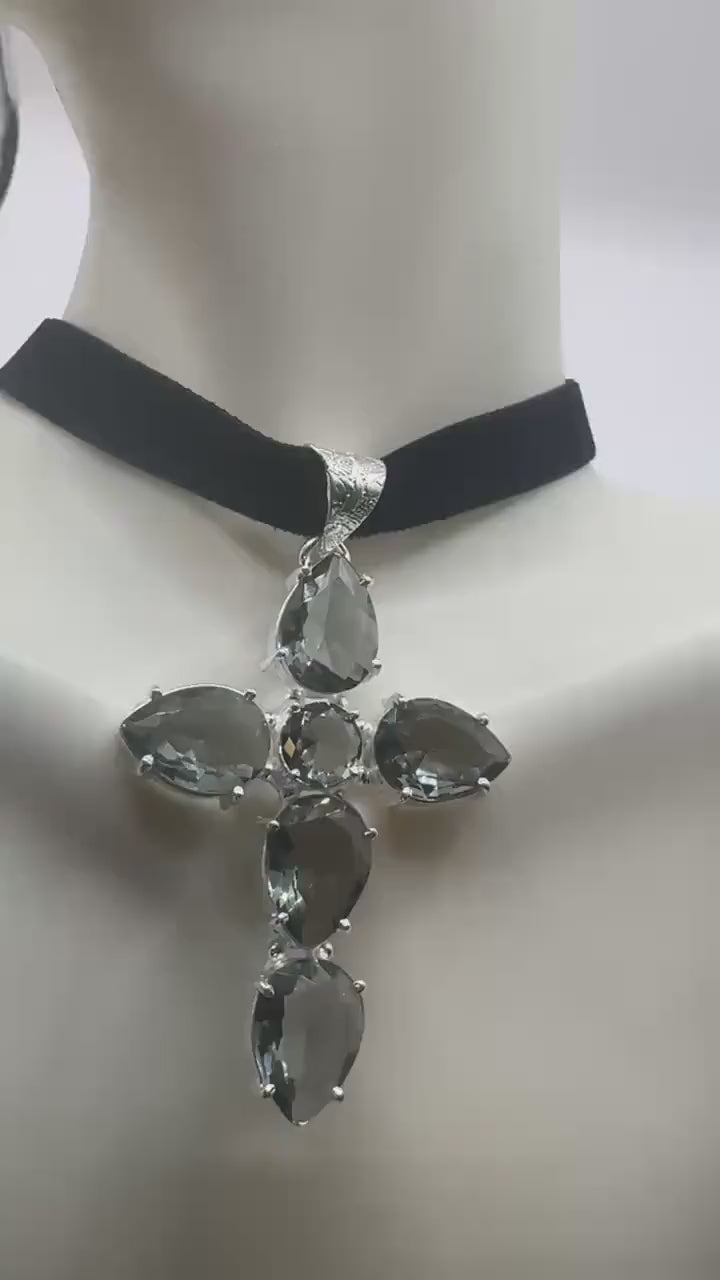 Vintage Blue Topaz Glass Cross Choker Black Velvet Ribbon Pendant
