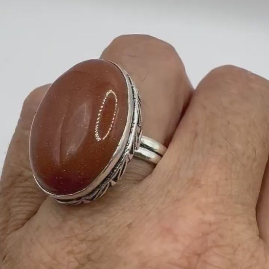 Vintage Handmade Boho Statement Gold Sandstone Silver Ring 9