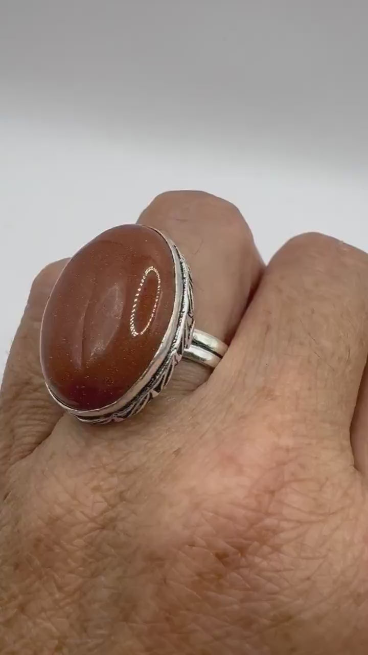 Vintage Handmade Boho Statement Gold Sandstone Silver Ring 9
