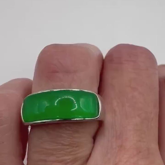 Vintage Green fun Jade silver stainless steel Mens Ring