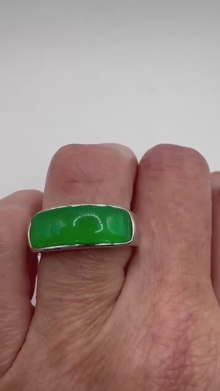Vintage Green fun Jade silver stainless steel Mens Ring