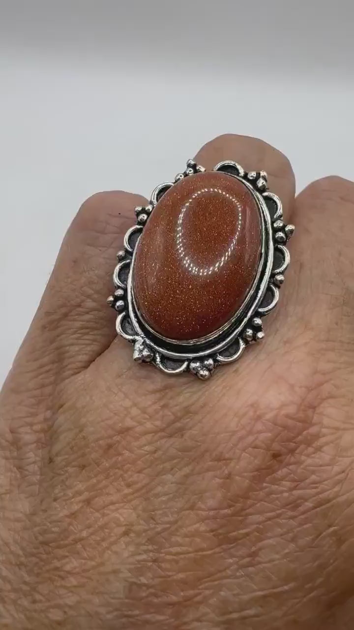 Vintage Handmade Boho Statement Golden Sandstone Silver Ring 7.25