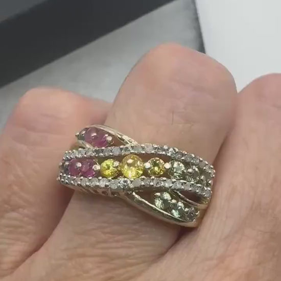 Vintage Toumaline Diamond Golden 925 Sterling Silver Band Ring